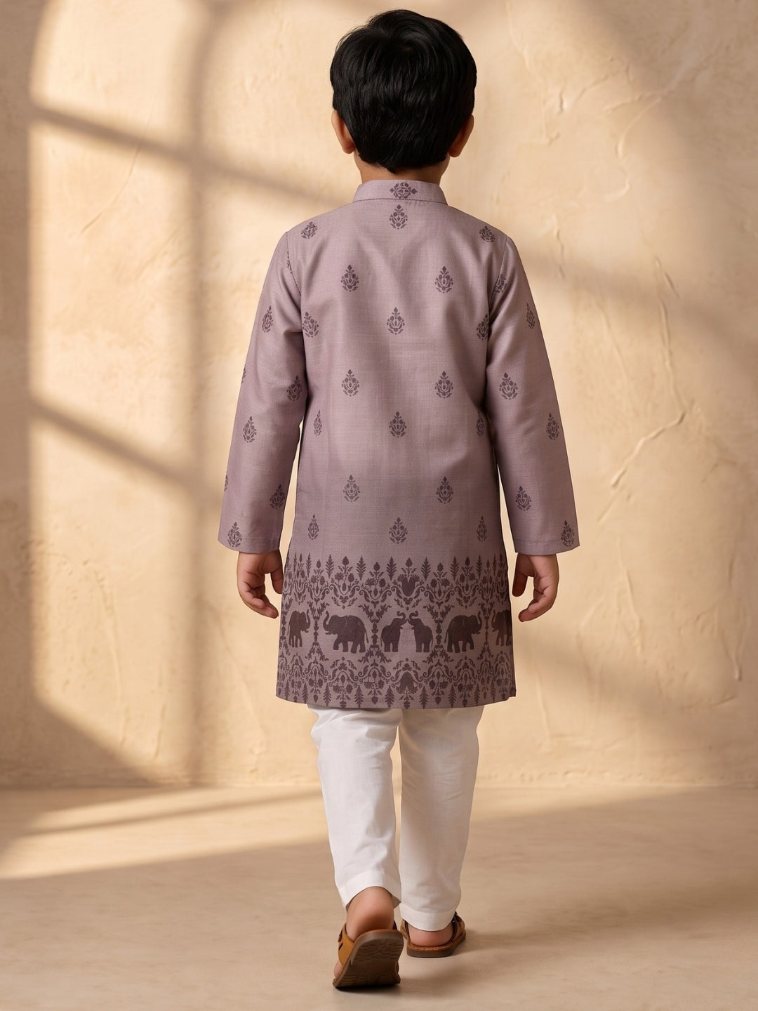 AJ Dezines Mauve Elephant Printed Cotton Blend Kurta Pyjama Set For Boys