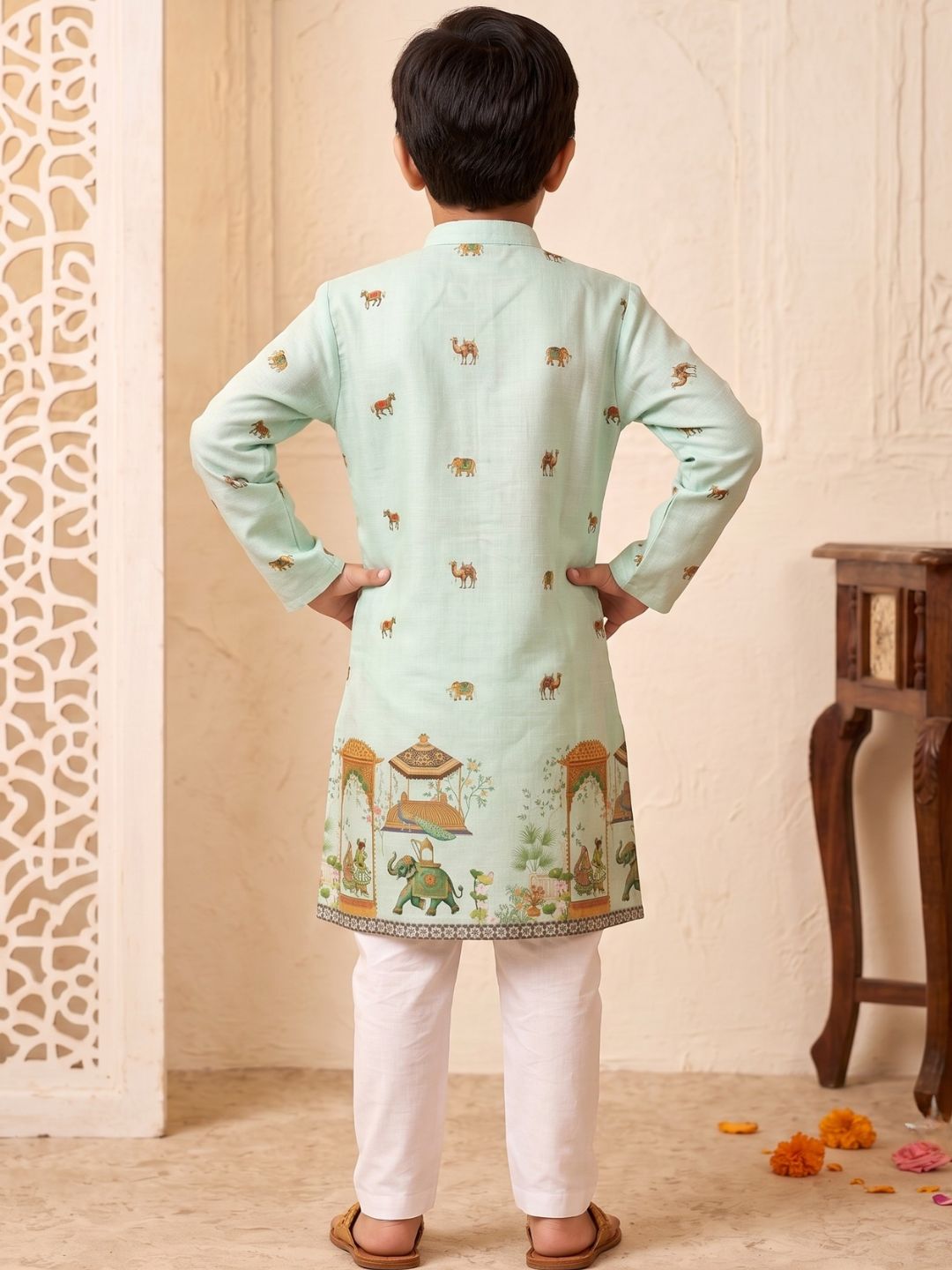 AJ Dezines Green Elephant & Traditional Ethnic Print Cotton Blend Kurta Pyjama Set For Boys