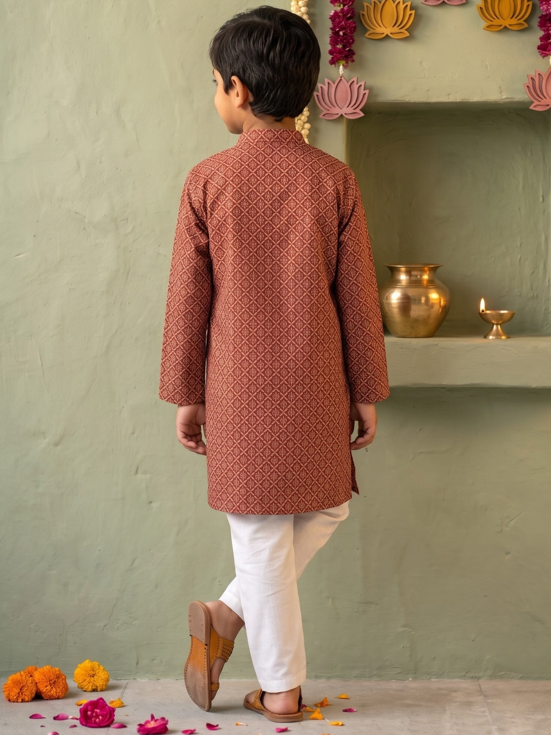 AJ Dezines Red Floral Geometric Print Cotton Blend Kurta Pyjama Set For Boys