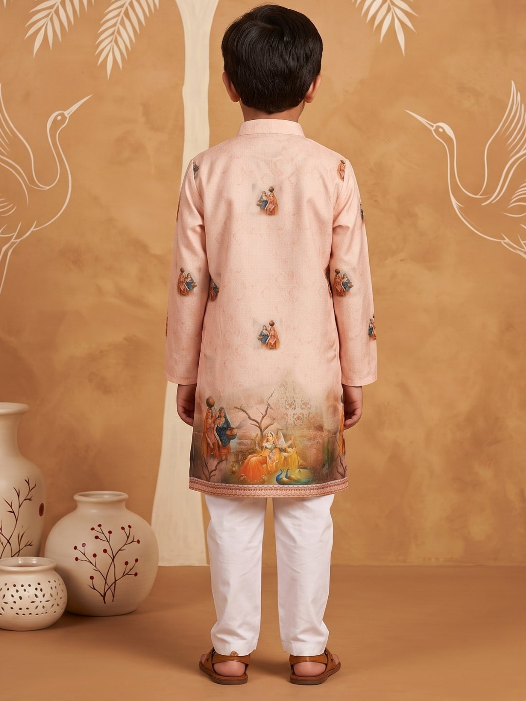 AJ Dezines Peach Mythological Print Cotton Blend Kurta Pyjama Set For Boys