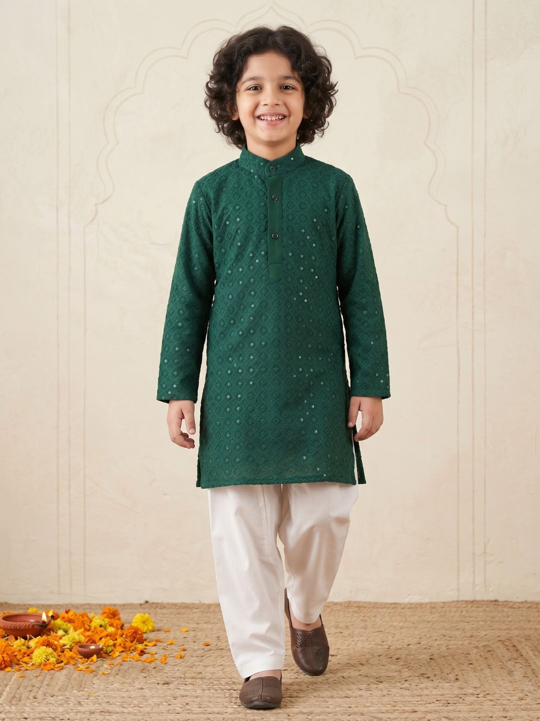 Kids Boys Teal Green Embroidered Cotton Kurta Pyjama Set