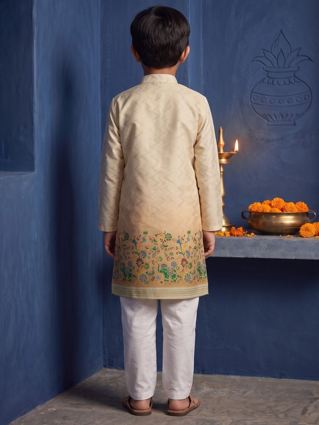 AJ Dezines Yellow Elephant Printed Cotton Blend Kurta Pyjama Set For Boys