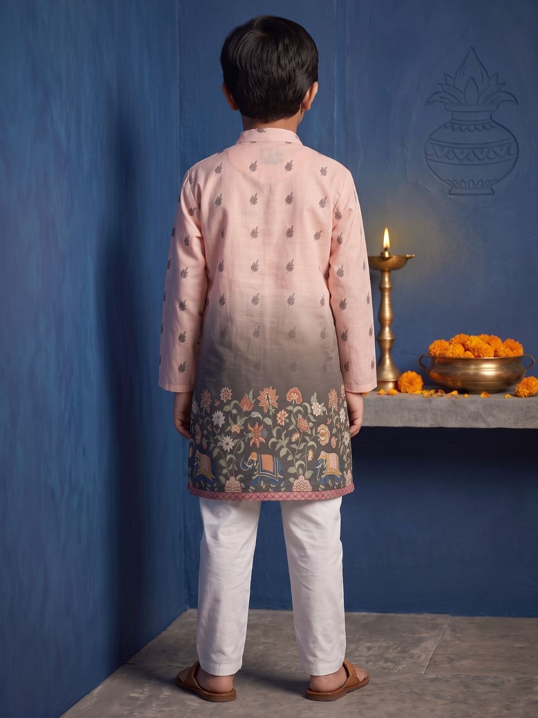 AJ Dezines Pink Floral Elephant Printed Cotton Blend Kurta Pyjama Set For Boys