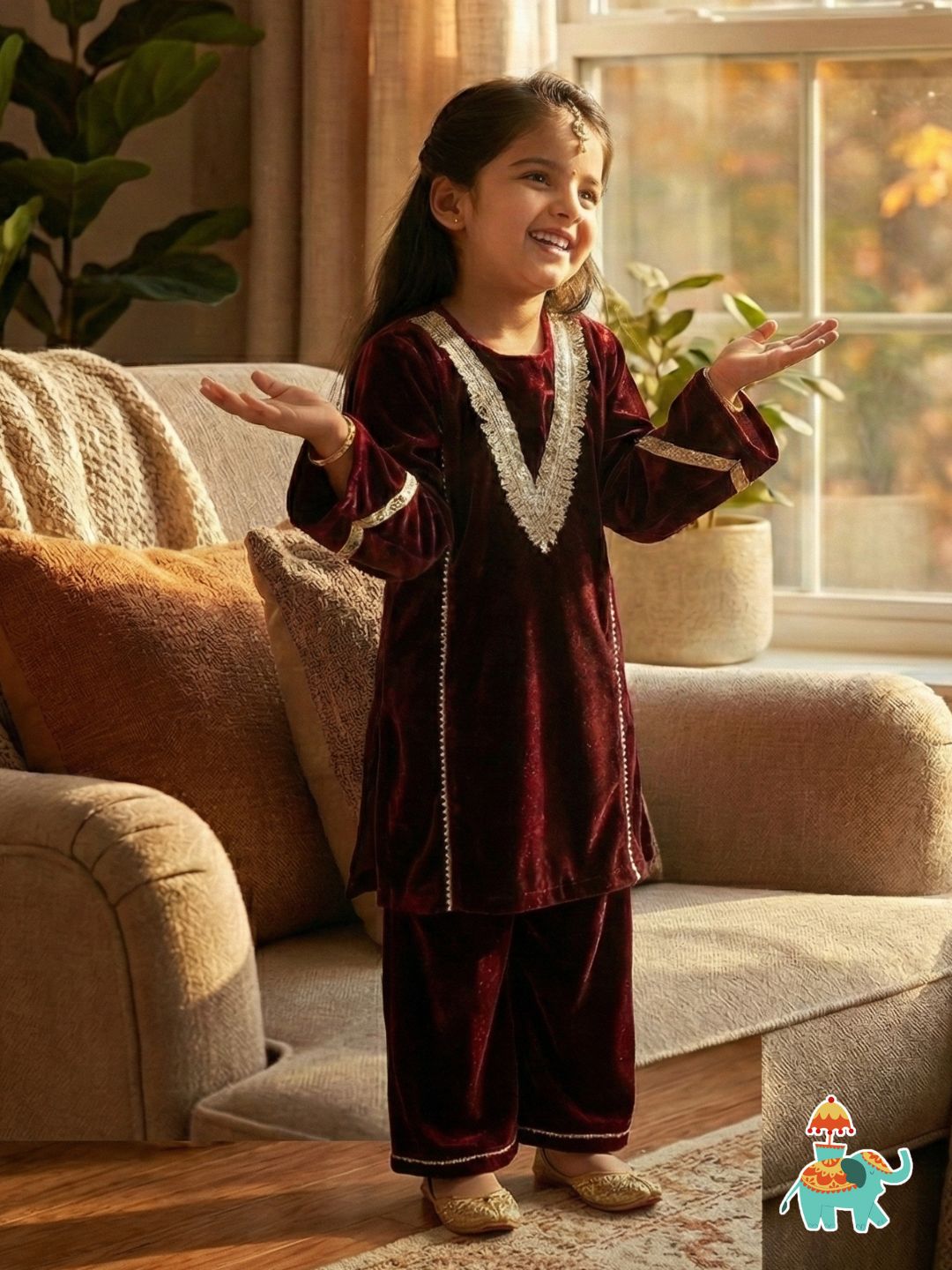 AJ Dezines Maroon Velvet Full Sleeves Solid Girls Suit Set