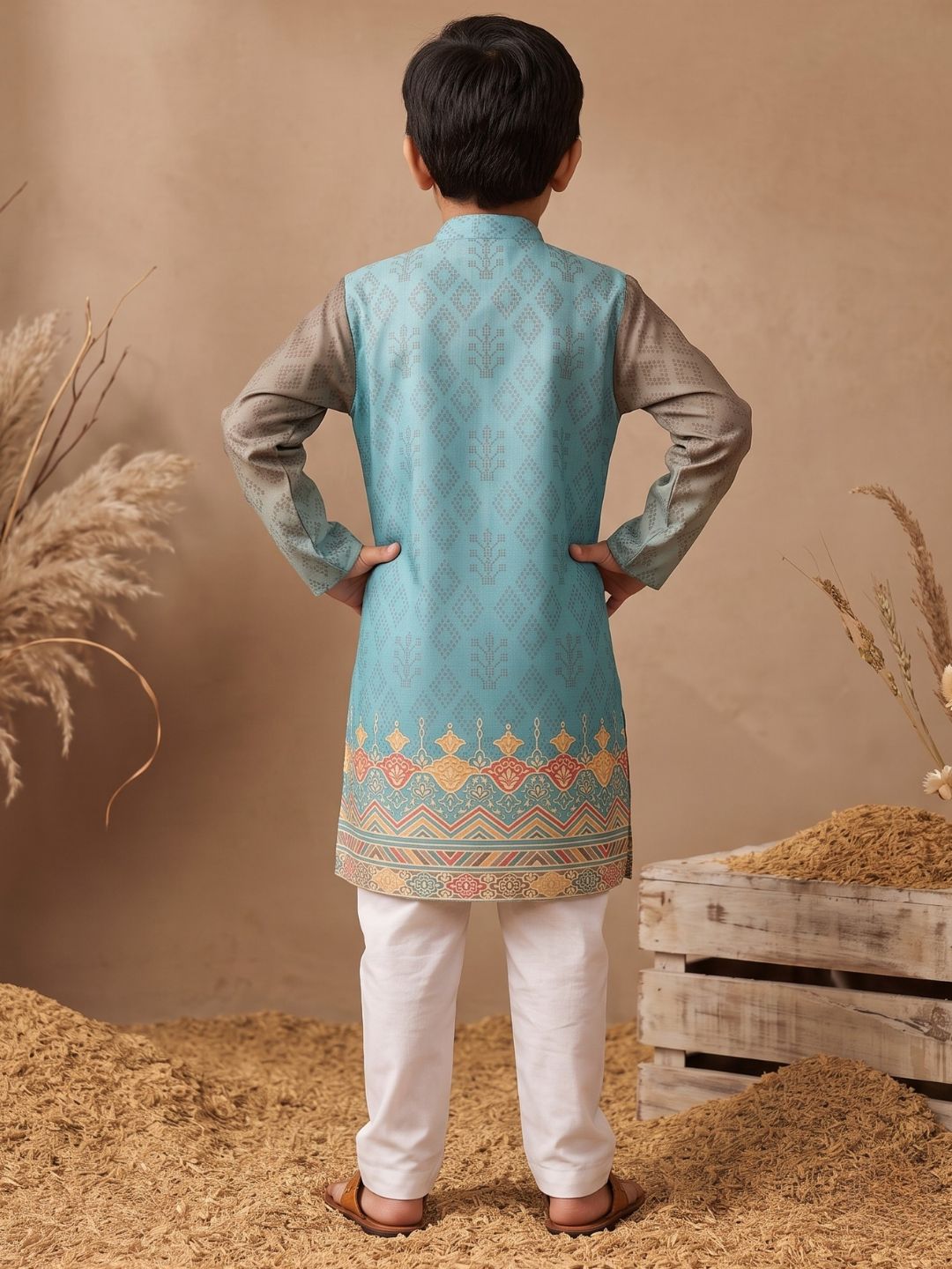 AJ Dezines Sky Blue Ethnic Print Cotton Blend Kurta Pyjama Set For Boys