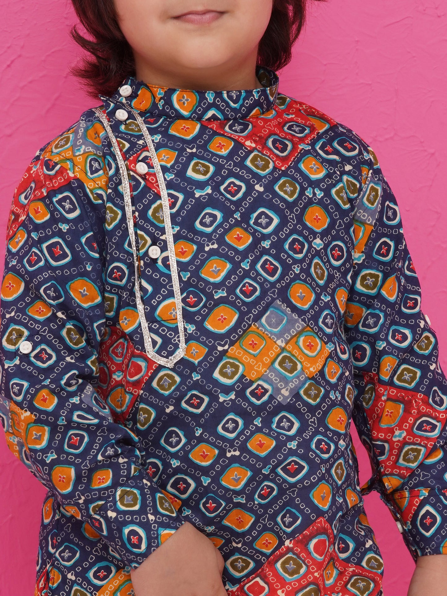 Aj Dezines Dark Blue Cotton Full Sleeves Printed Kurta Pyjama Set For Boys