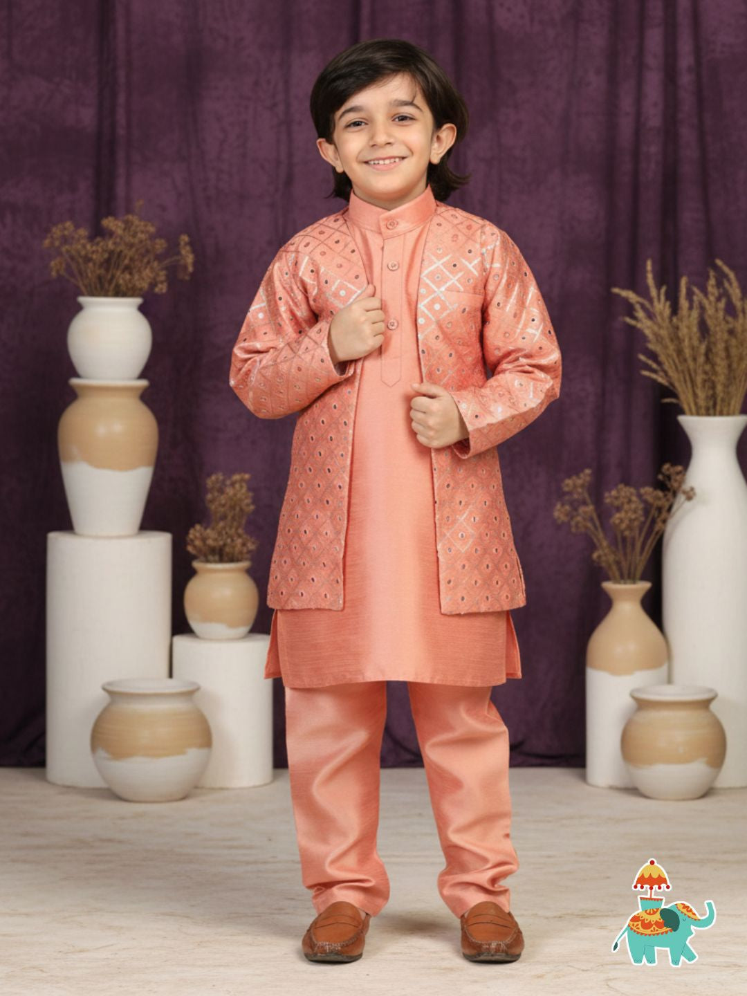 Boys Peach Silk Sherwani for Kids
