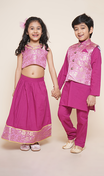 Boys Kurta Pyjamas with Waistcoat and Girls Lehenga Choli Sibling Sets-Pink