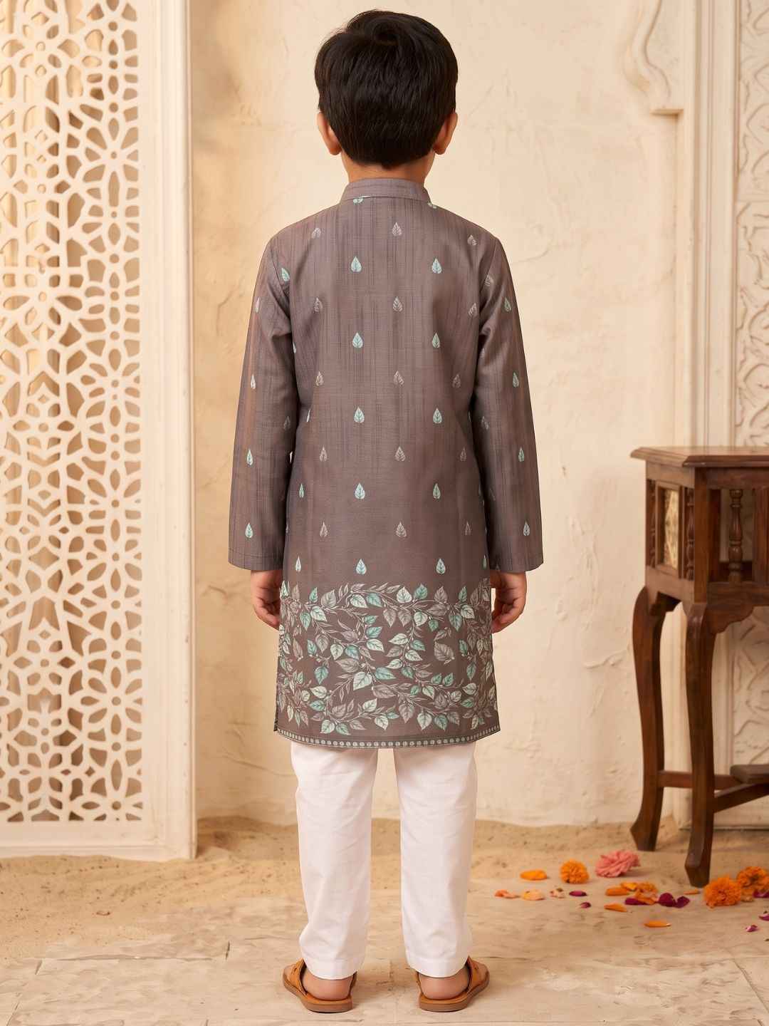 AJ Dezines Brown Leaf Print Cotton Blend Kurta Pyjama Set For Boys