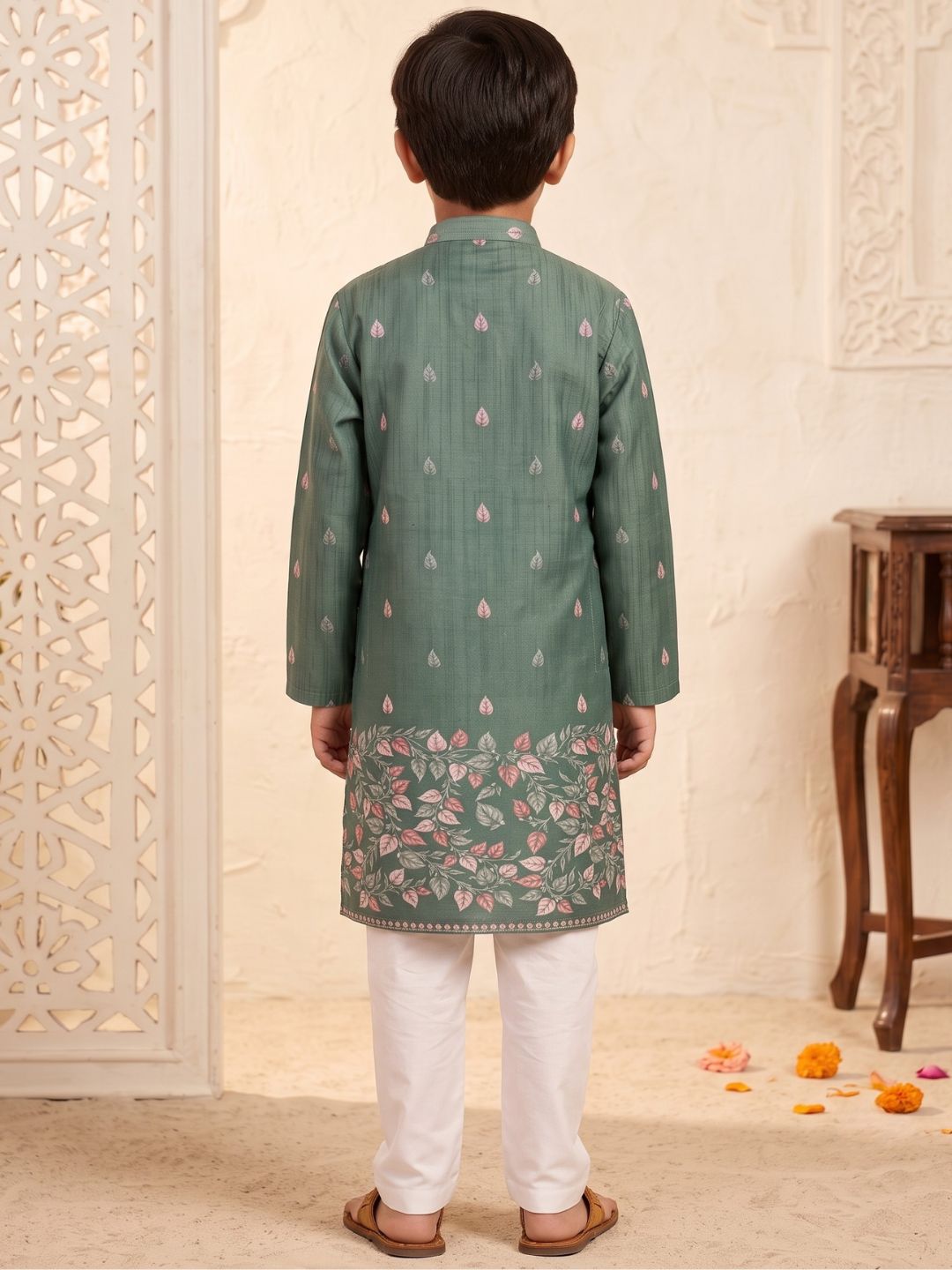 AJ Dezines Green Leaf Print Cotton Blend Kurta Pyjama Set For Boys