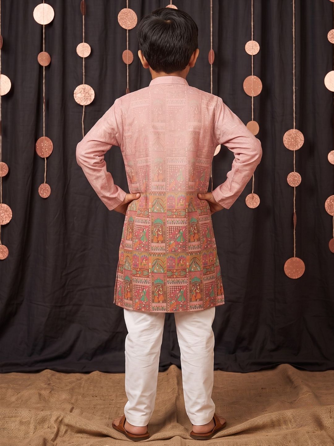 AJ Dezines Pink Ethnic Print Cotton Blend Kurta Pyjama Set For Boys