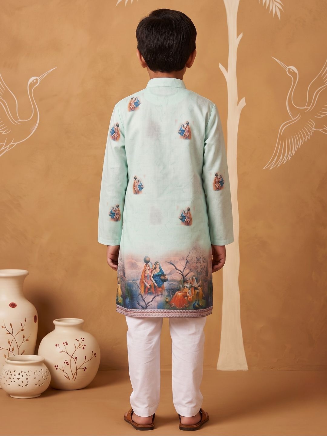 AJ Dezines Green Mythological Print Cotton Blend Kurta Pyjama Set For Boys