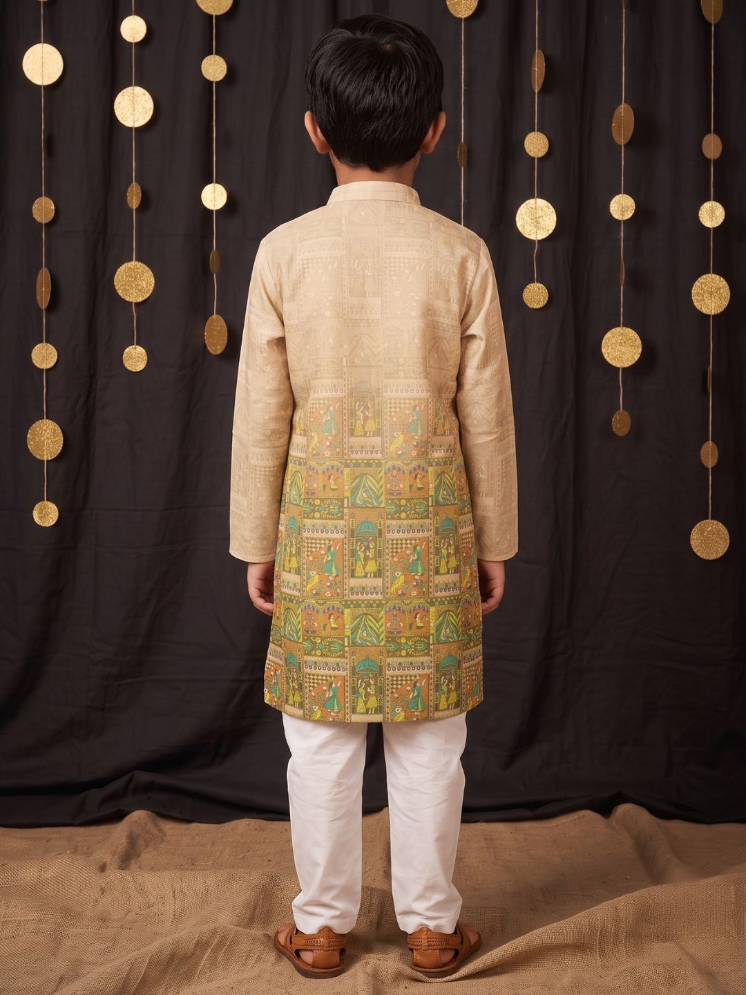 AJ Dezines Yellow Ethnic Print Cotton Blend Kurta Pyjama Set For Boys