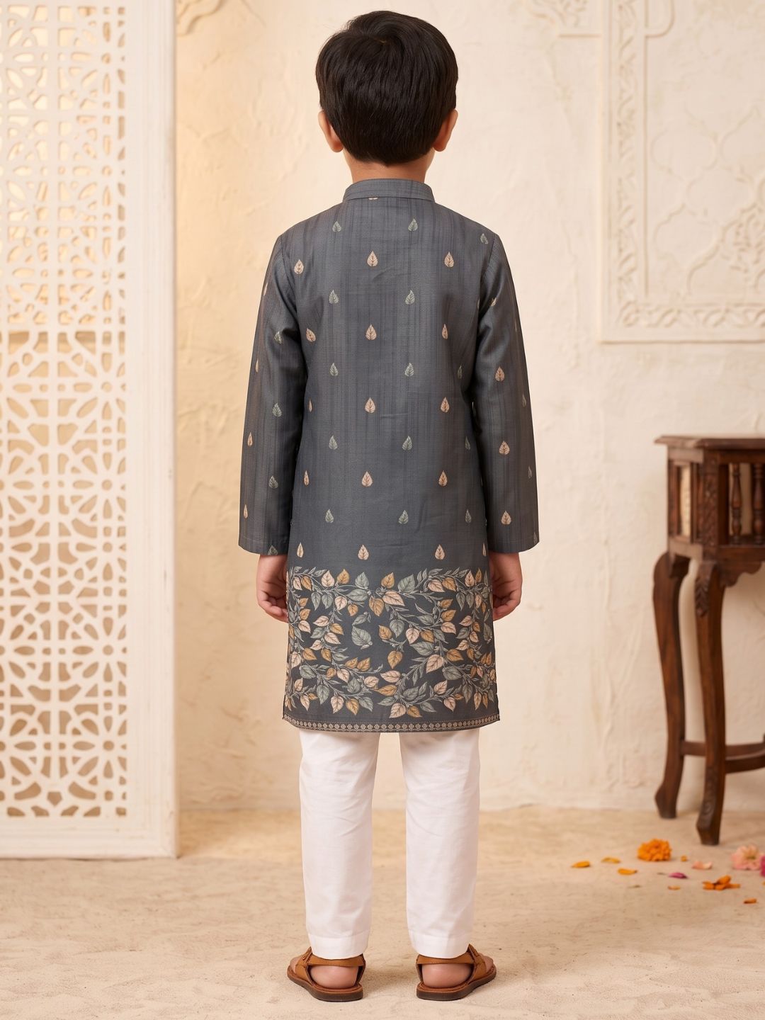 AJ Dezines Grey Leaf Print Cotton Blend Kurta Pyjama Set For Boys