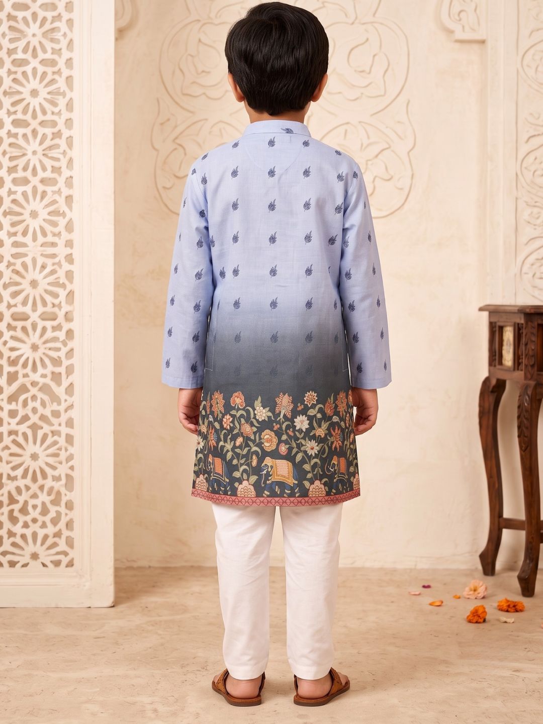 AJ Dezines Blue Floral Elephant Printed Cotton Blend Kurta Pyjama Set For Boys