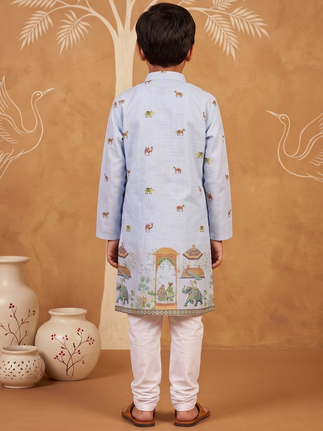 AJ Dezines Blue Elephant & Traditional Ethnic Print Cotton Blend Kurta Pyjama Set For Boys