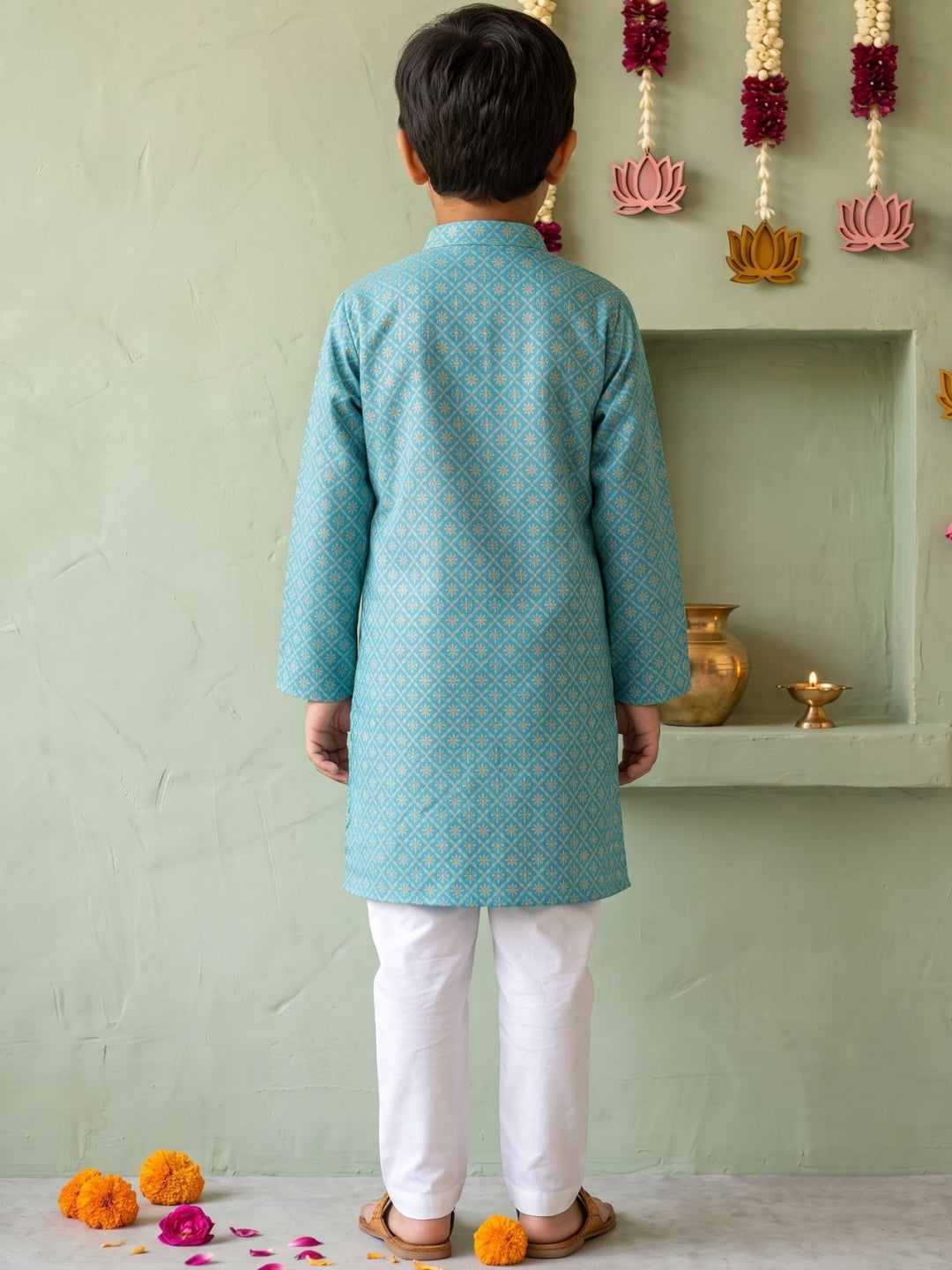 AJ Dezines Blue Floral Geometric Print Cotton Blend Kurta Pyjama Set For Boys