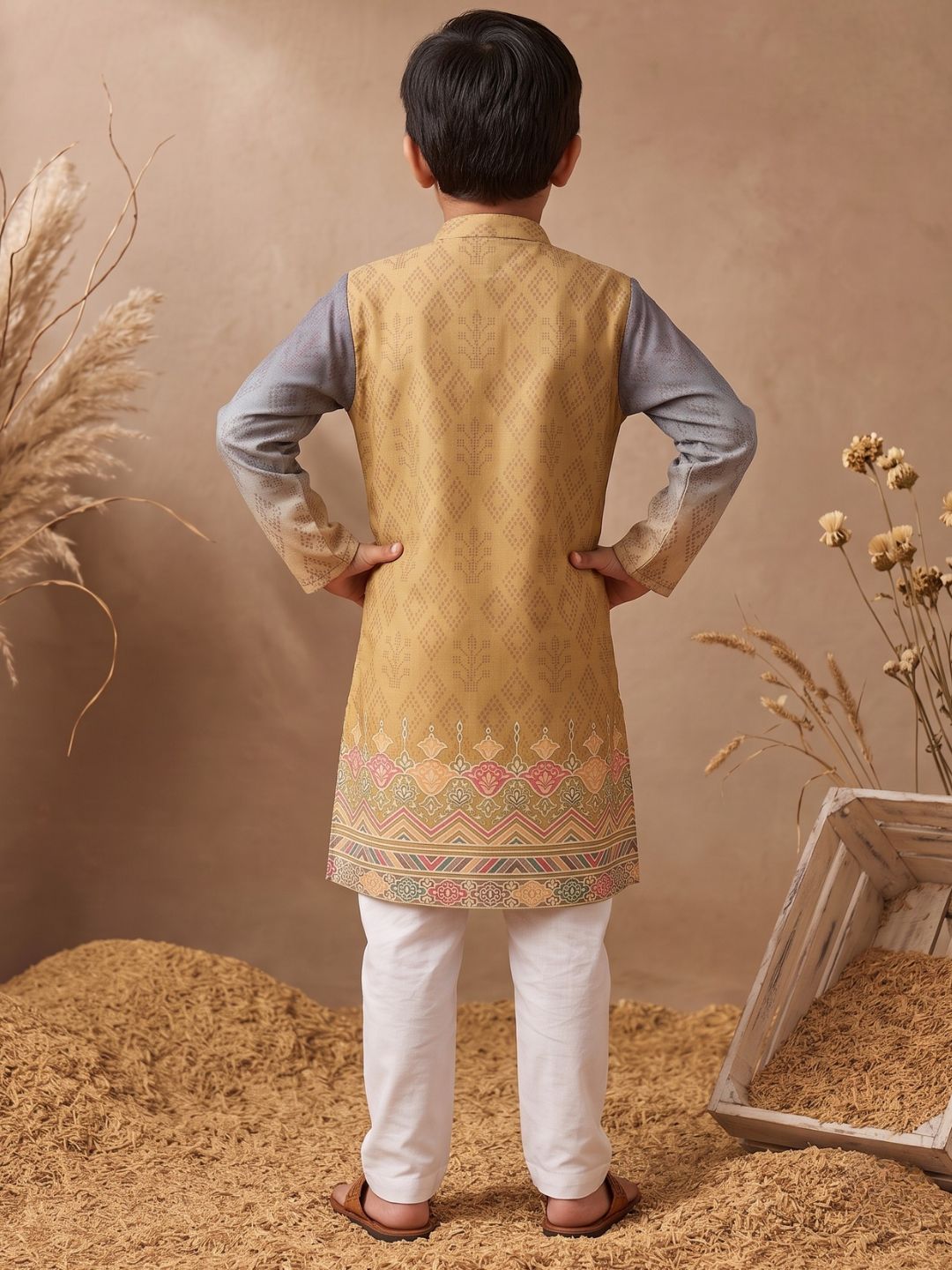 AJ Dezines Mustard Ethnic Print Cotton Blend Kurta Pyjama Set For Boys
