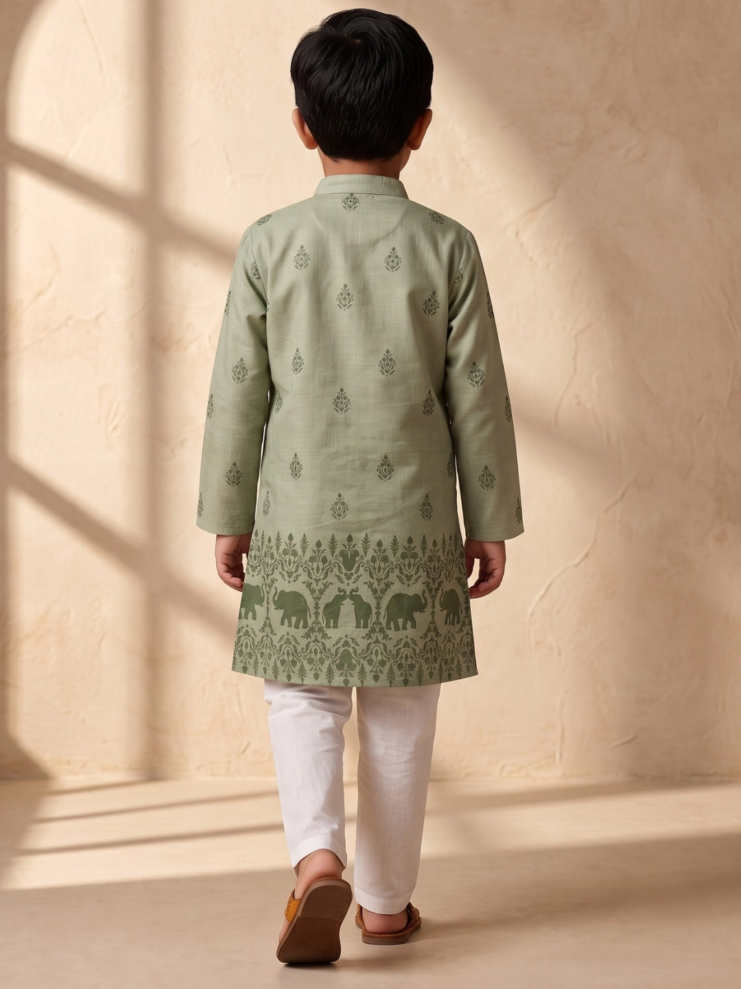 AJ Dezines Green Elephant Printed Cotton Blend Kurta Pyjama Set For Boys