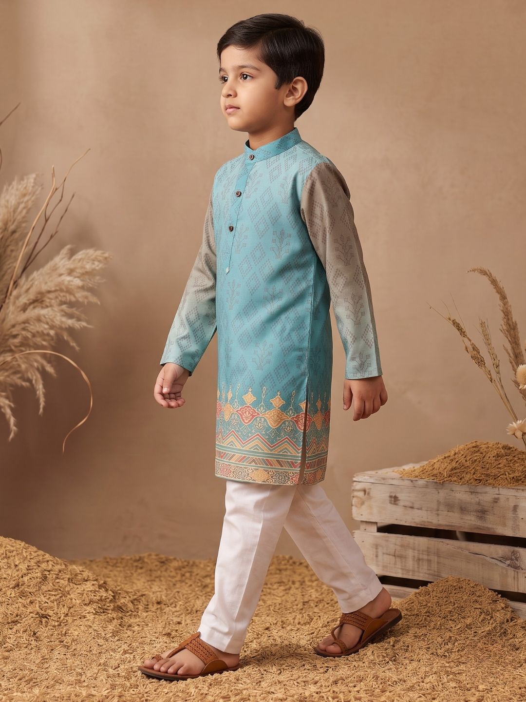 AJ Dezines Sky Blue Ethnic Print Cotton Blend Kurta Pyjama Set For Boys