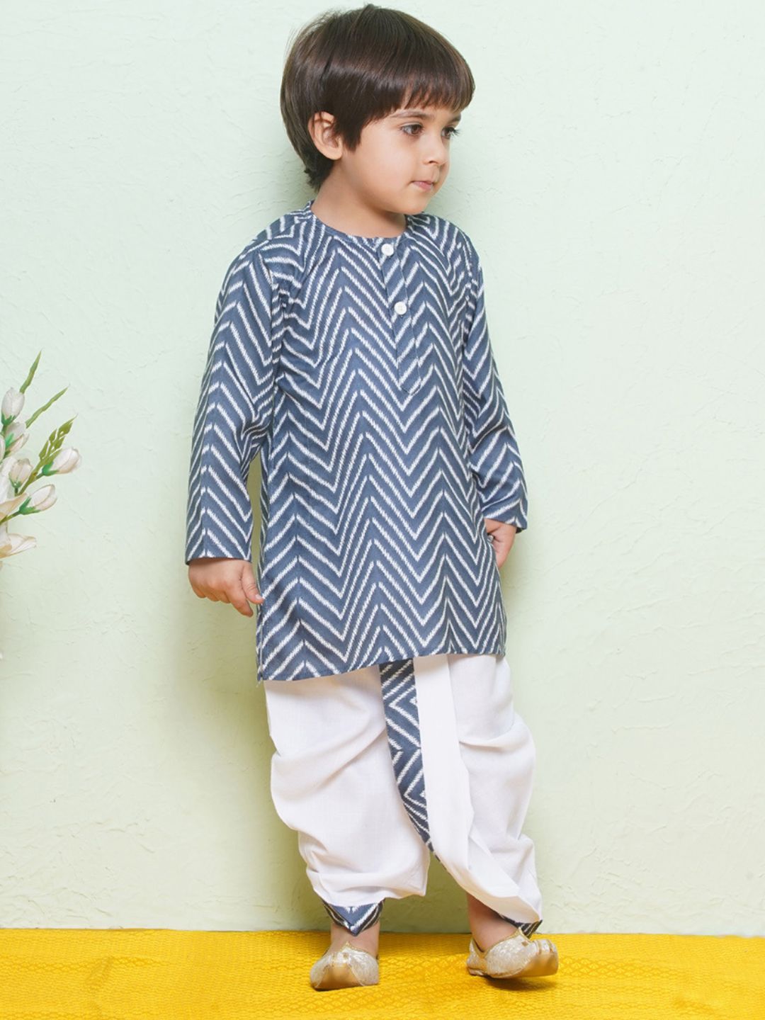 Kids Boys Blue Zig Zag Pure Cotton Dhoti Set