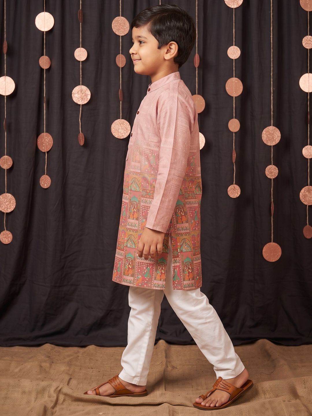 Pink Ethnic Print Cotton Blend Kurta Pyjama Set For Boys