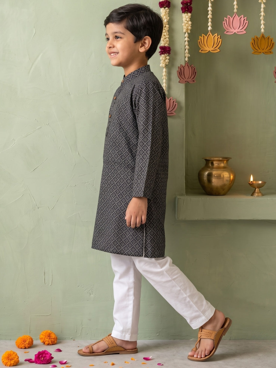 AJ Dezines Black Floral Geometric Print Cotton Blend Kurta Pyjama Set For Boys