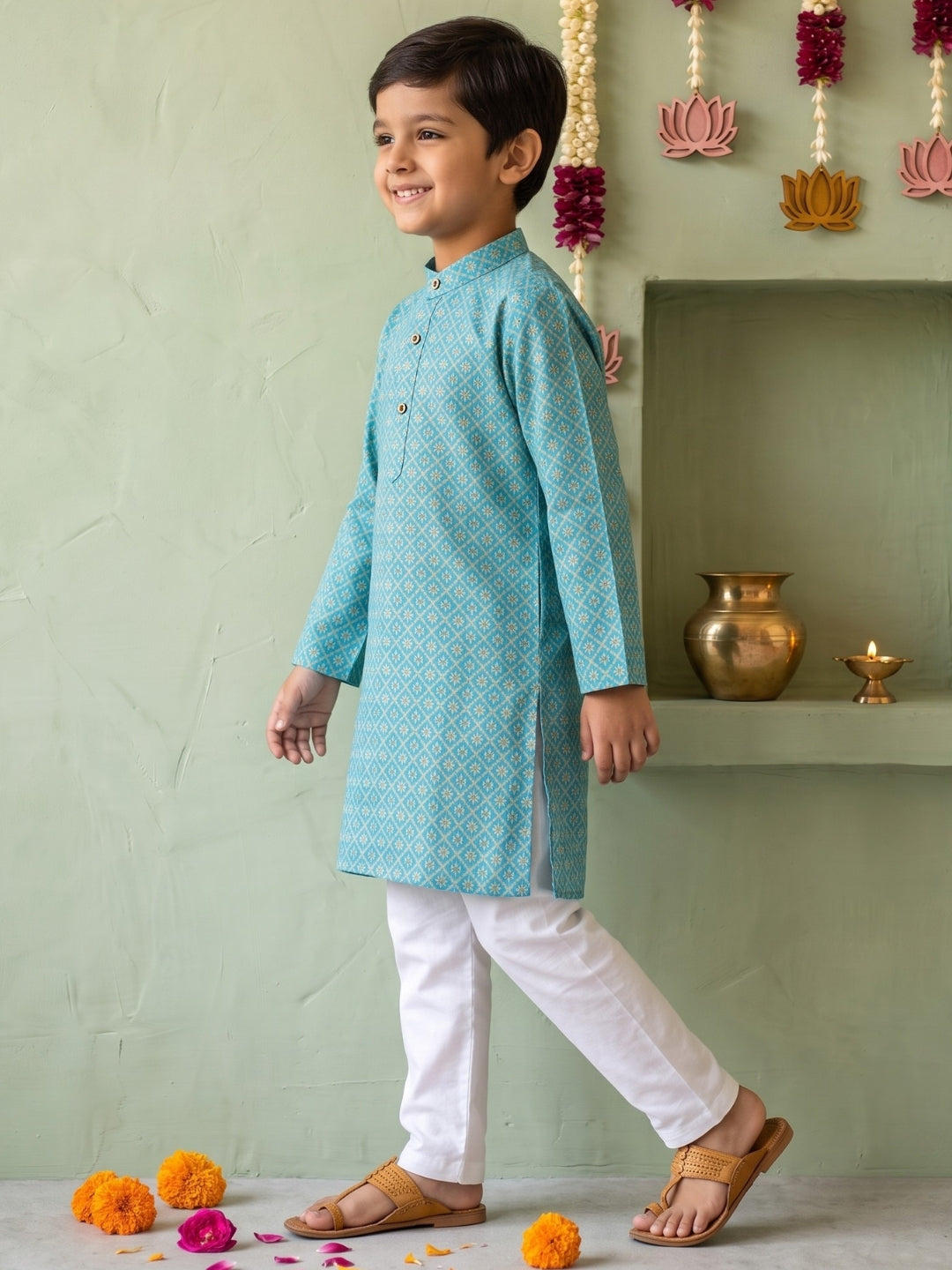 AJ Dezines Blue Floral Geometric Print Cotton Blend Kurta Pyjama Set For Boys