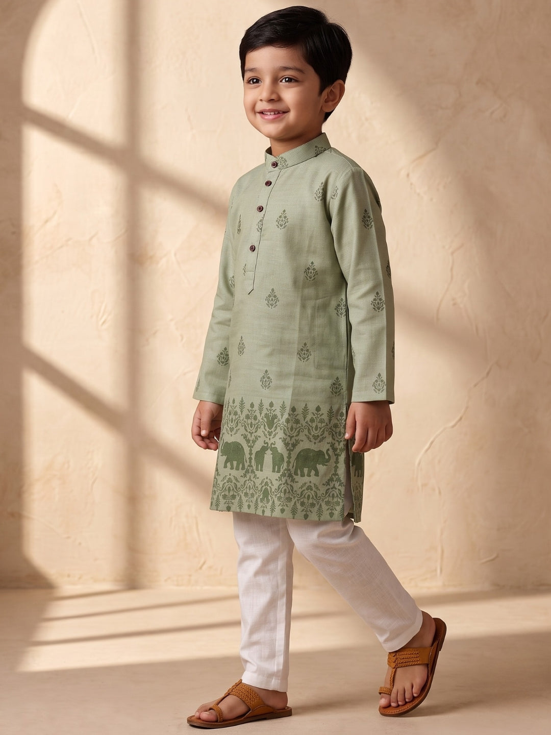AJ Dezines Green Elephant Printed Cotton Blend Kurta Pyjama Set For Boys