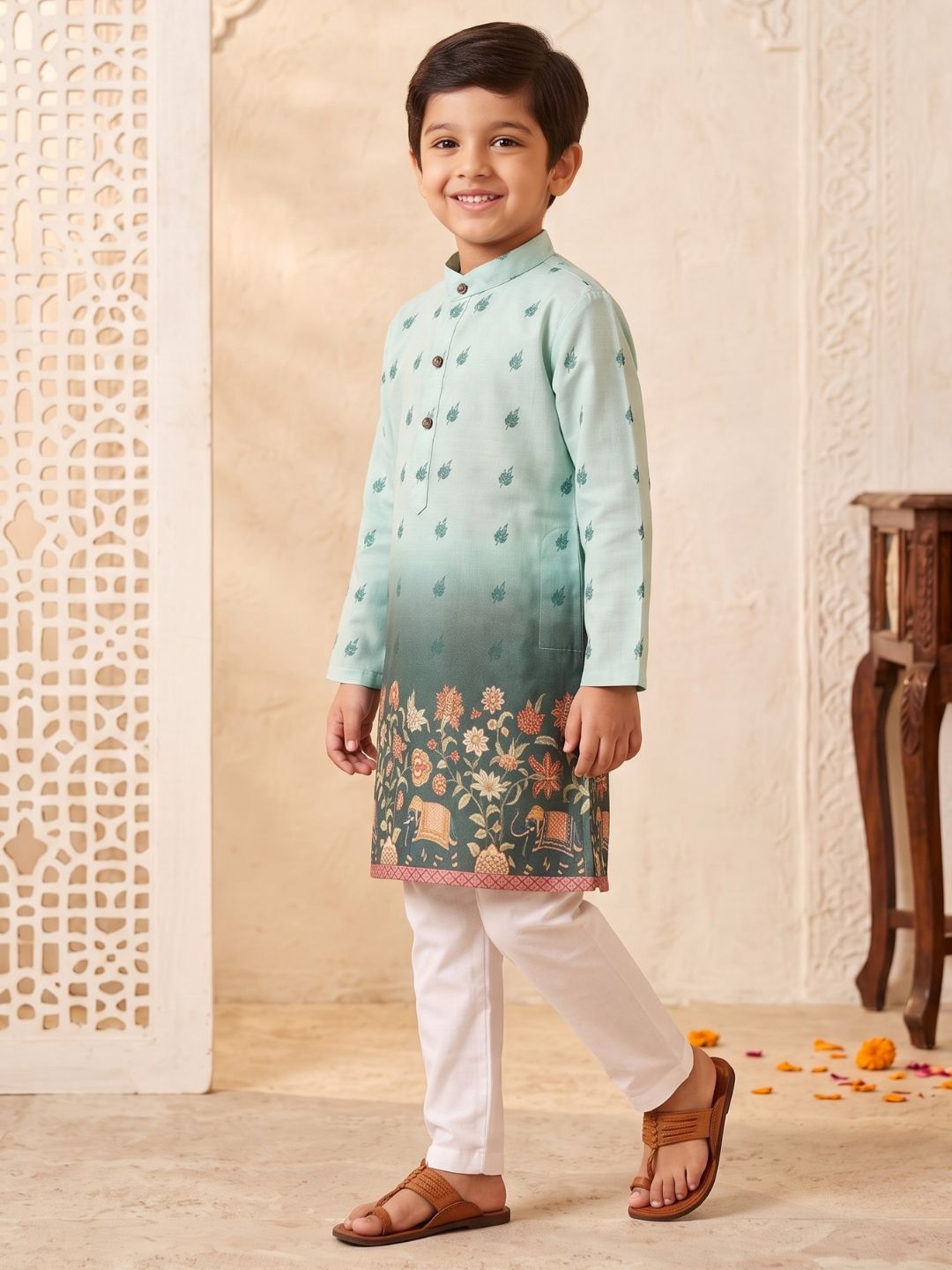 AJ Dezines Green Floral Elephant Printed Cotton Blend Kurta Pyjama Set For Boys
