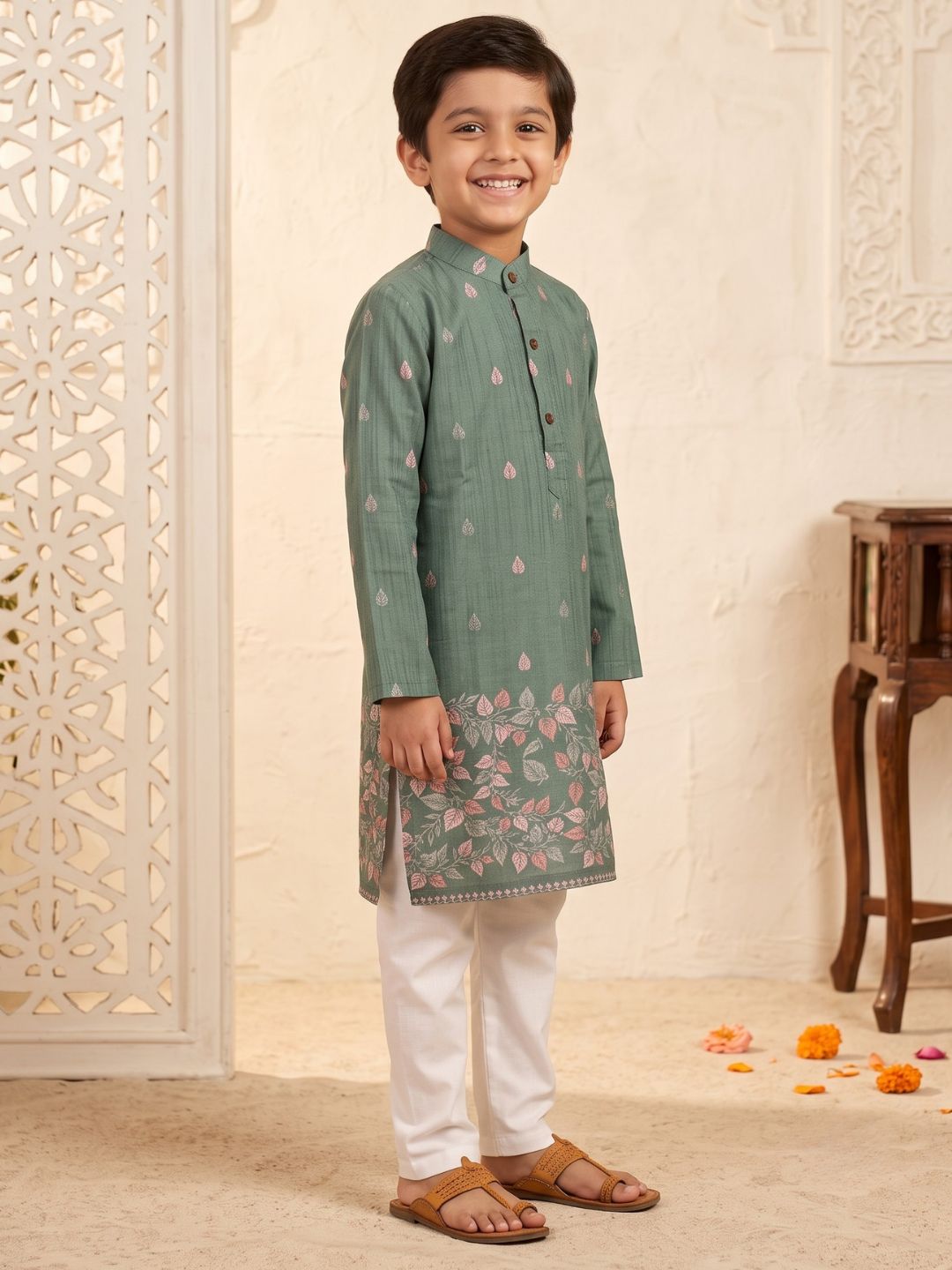 AJ Dezines Green Leaf Print Cotton Blend Kurta Pyjama Set For Boys