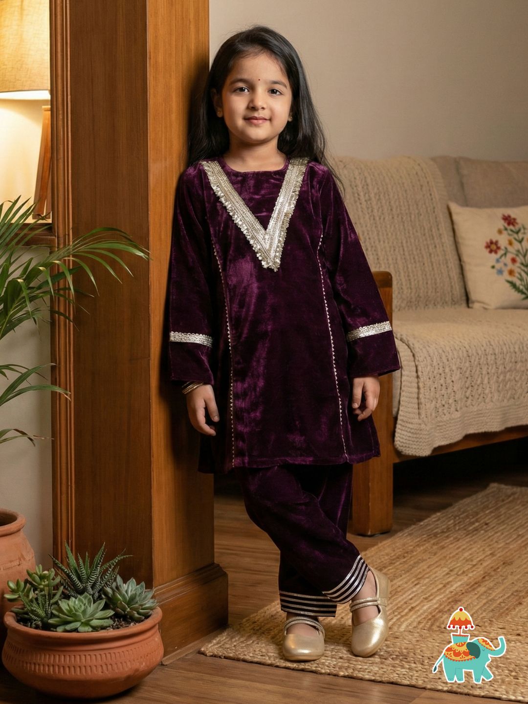 Purple Velvet Full Sleeves Solid Girls Suit Set