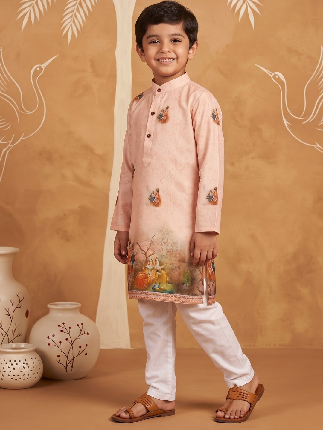 AJ Dezines Peach Mythological Print Cotton Blend Kurta Pyjama Set For Boys