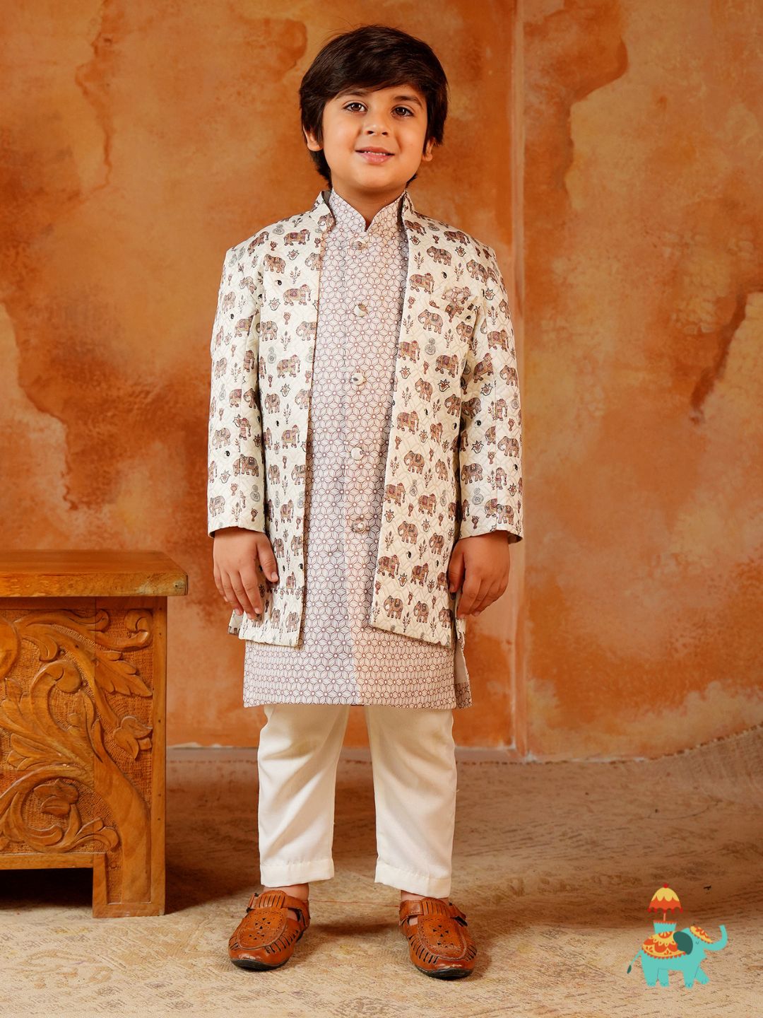 BROWN Jacquard Full Sleeves Rich Elephant Embroidery Sherwani