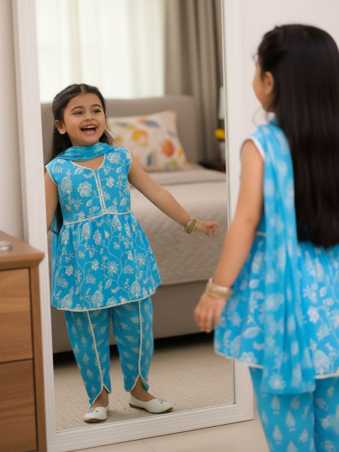 Sky Blue Sleeveless Floral Print Cotton Girls Suit Set For Girls - AJ Dezines