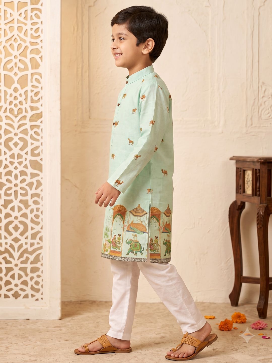 AJ Dezines Green Elephant & Traditional Ethnic Print Cotton Blend Kurta Pyjama Set For Boys