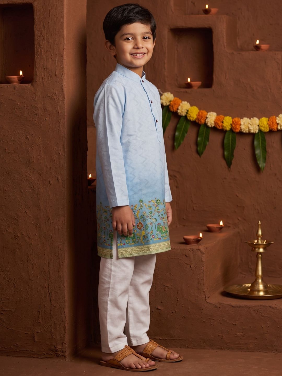 AJ Dezines Blue Elephant Printed Cotton Blend Kurta Pyjama Set For Boys
