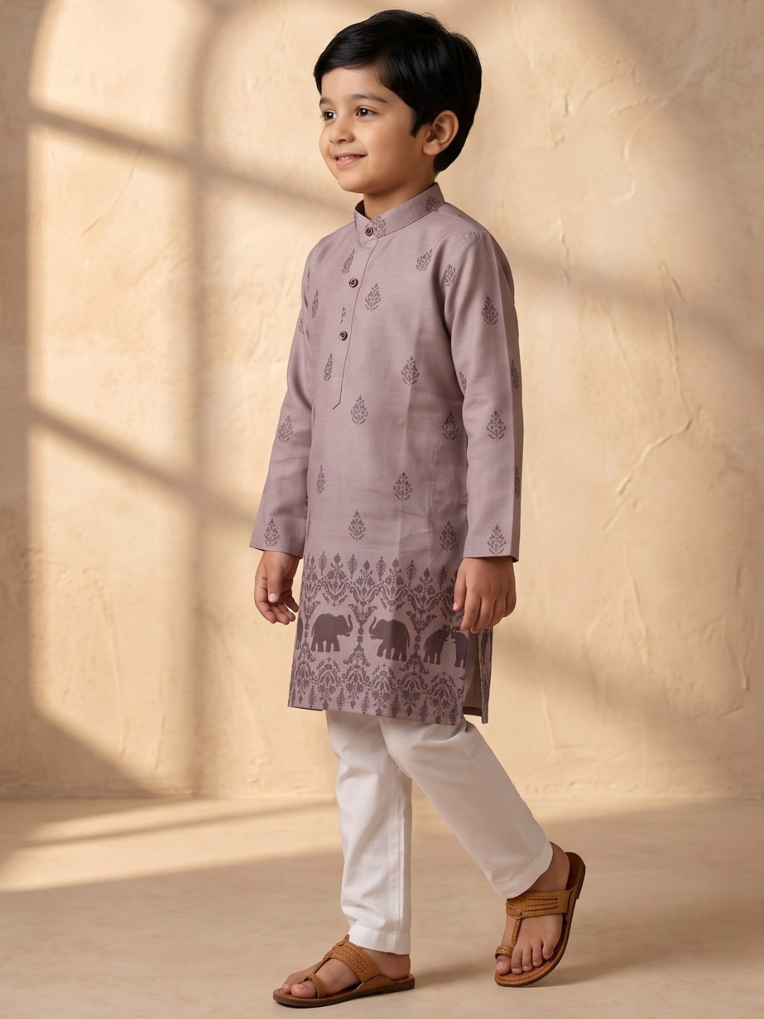 AJ Dezines Mauve Elephant Printed Cotton Blend Kurta Pyjama Set For Boys