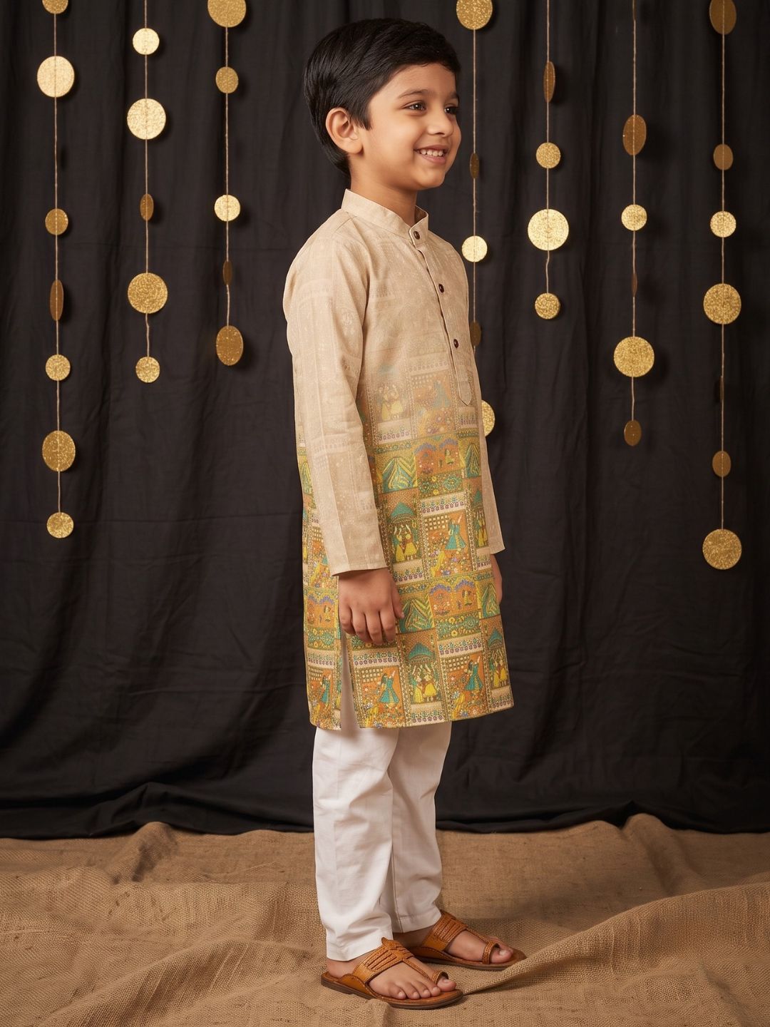 AJ Dezines Yellow Ethnic Print Cotton Blend Kurta Pyjama Set For Boys