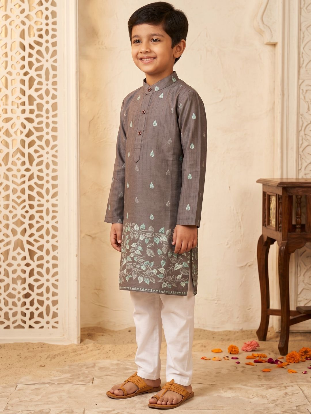 AJ Dezines Brown Leaf Print Cotton Blend Kurta Pyjama Set For Boys