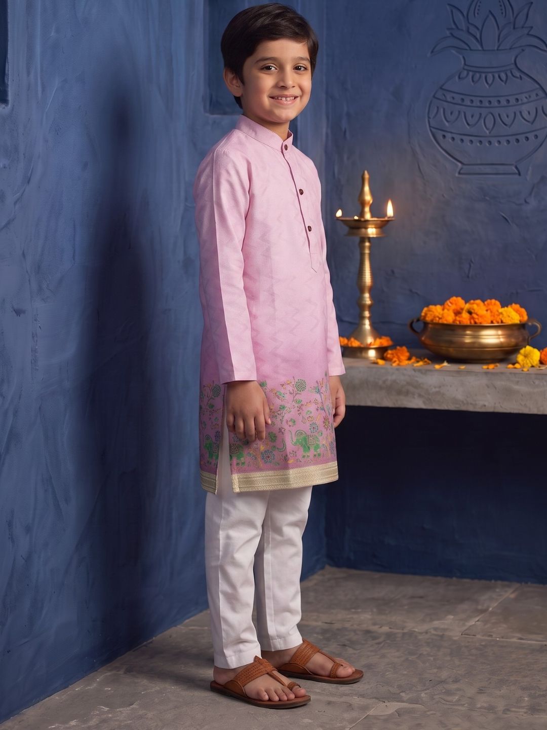 AJ Dezines Pink Elephant Printed Cotton Blend Kurta Pyjama Set For Boys