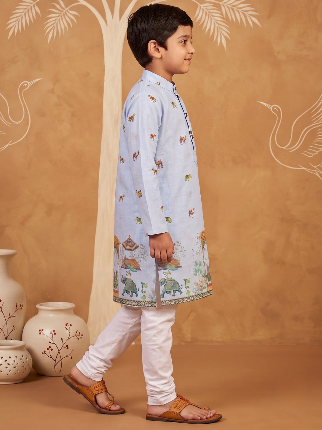 AJ Dezines Blue Elephant & Traditional Ethnic Print Cotton Blend Kurta Pyjama Set For Boys