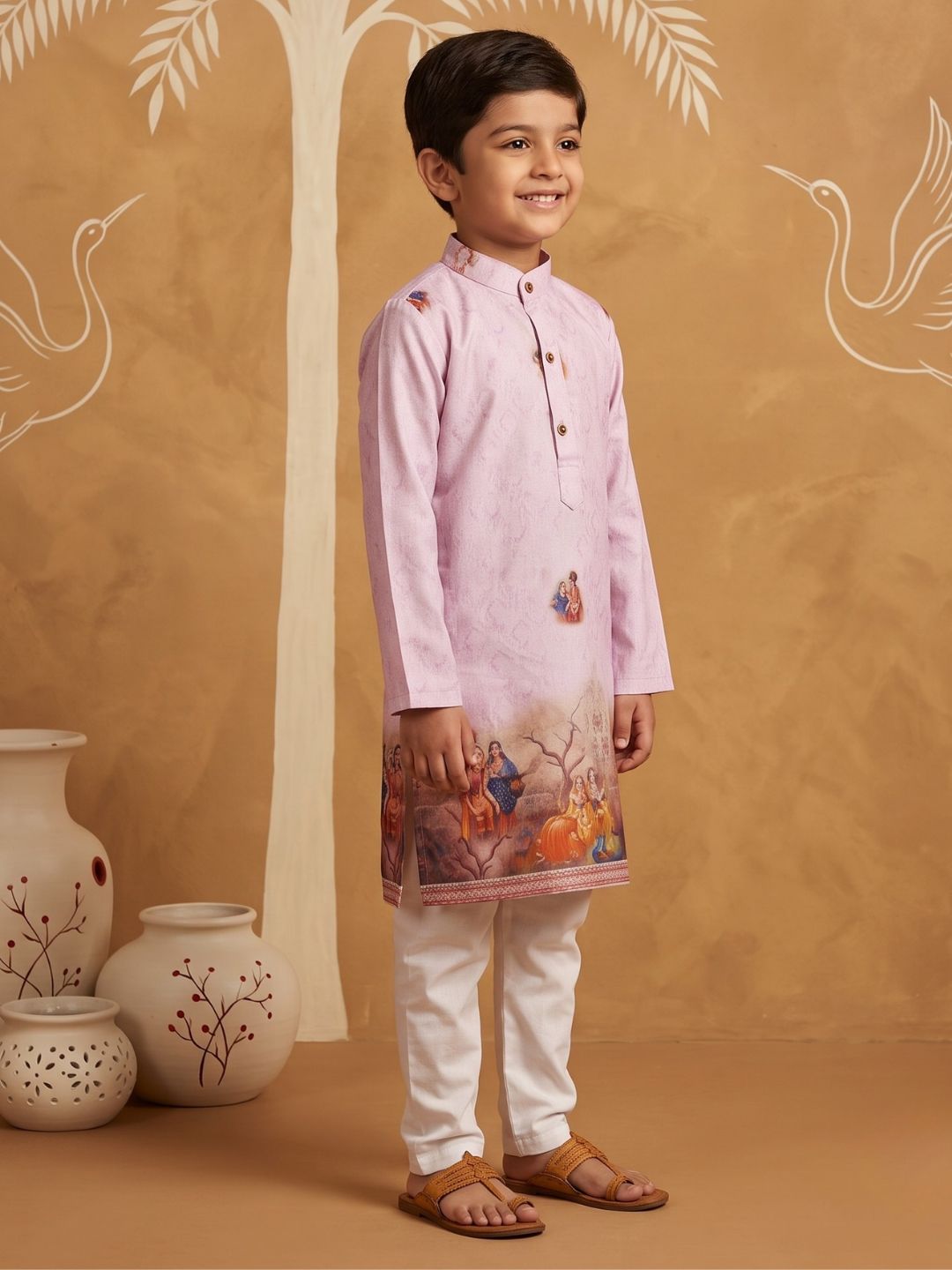 AJ Dezines Pink Mythological Print Cotton Blend Kurta Pyjama Set For Boys