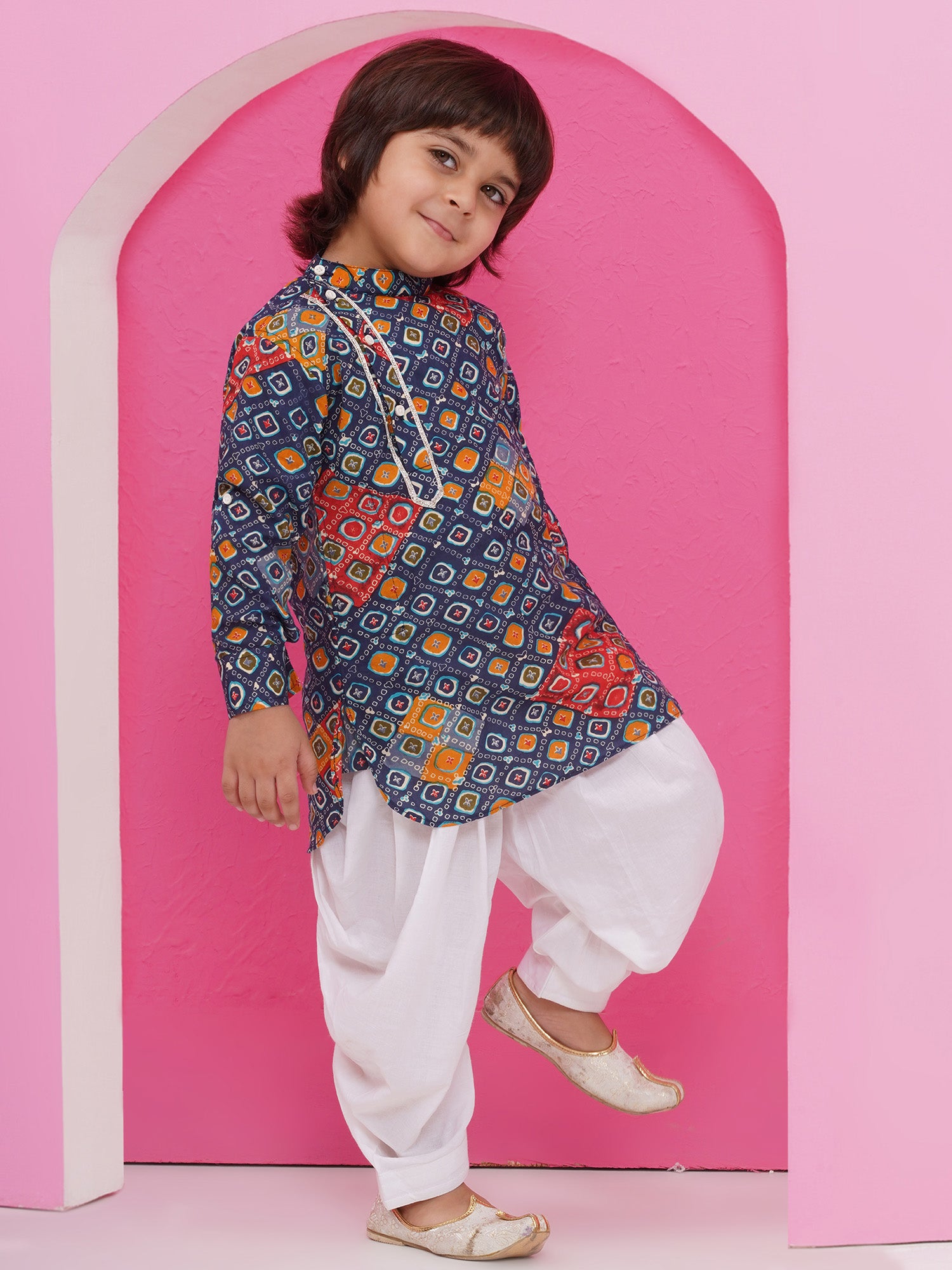 Dark Blue Cotton Full Sleeves Printed Kurta Pyjama Set For Boys