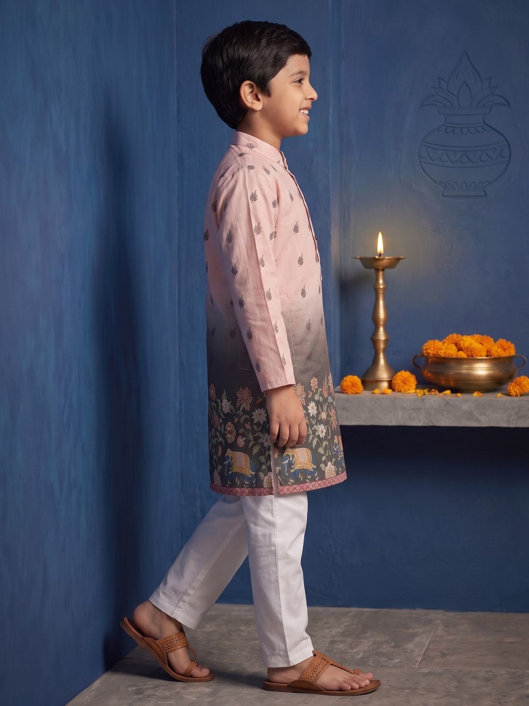 Pink Floral Elephant Printed Cotton Blend Kurta Pyjama Set For Boys