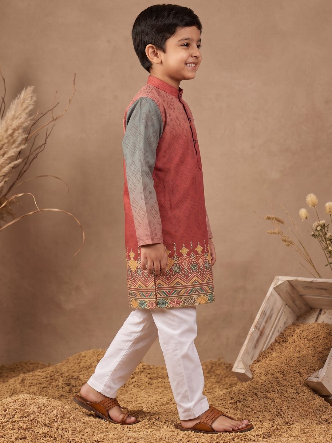 AJ Dezines Red Ethnic Print Cotton Blend Kurta Pyjama Set For Boys