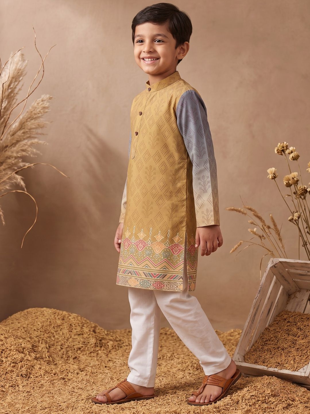 AJ Dezines Mustard Ethnic Print Cotton Blend Kurta Pyjama Set For Boys