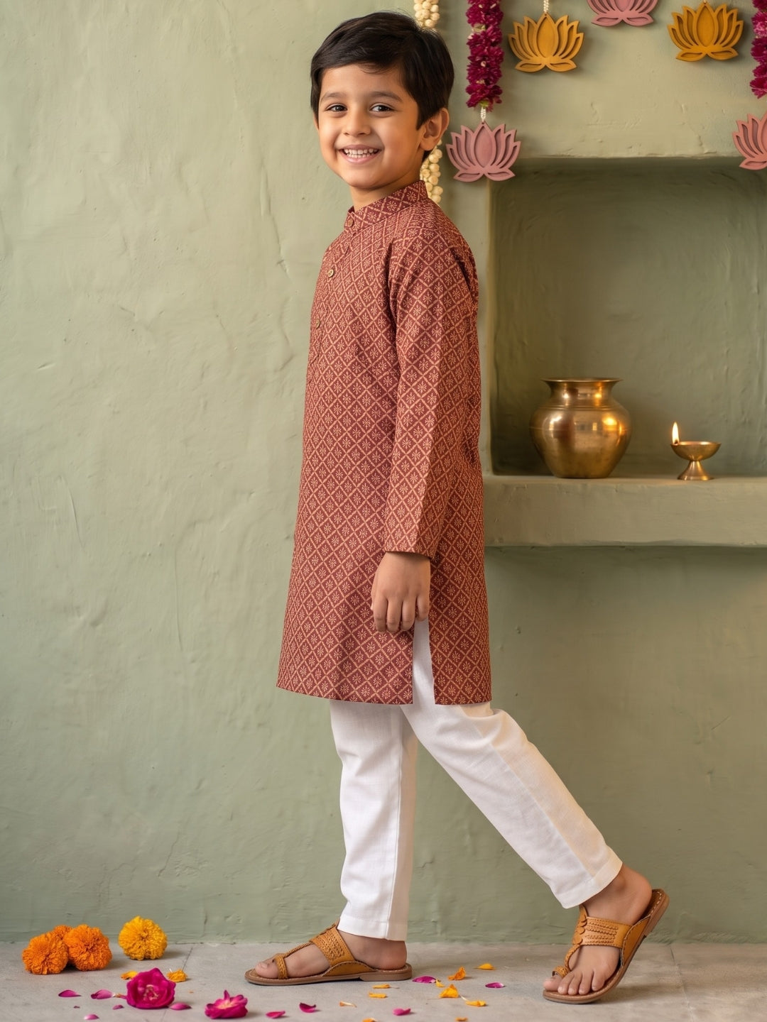 AJ Dezines Red Floral Geometric Print Cotton Blend Kurta Pyjama Set For Boys