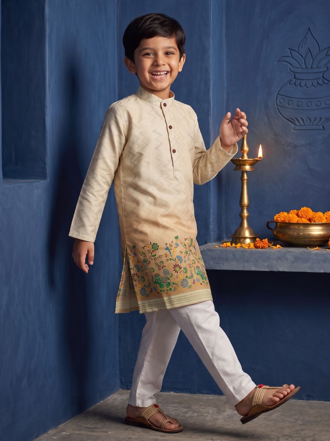 AJ Dezines Yellow Elephant Printed Cotton Blend Kurta Pyjama Set For Boys