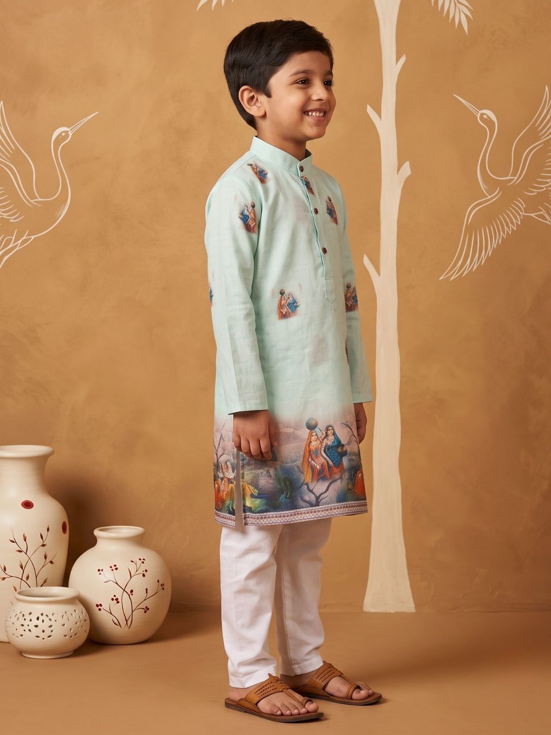 AJ Dezines Green Mythological Print Cotton Blend Kurta Pyjama Set For Boys